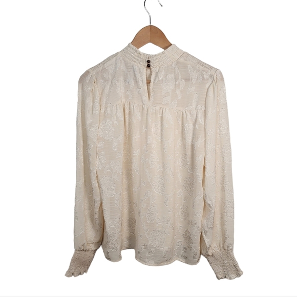 Knox Rose blouse sheer cream smocked jacquard long sleeves back button medium - Picture 5 of 7
